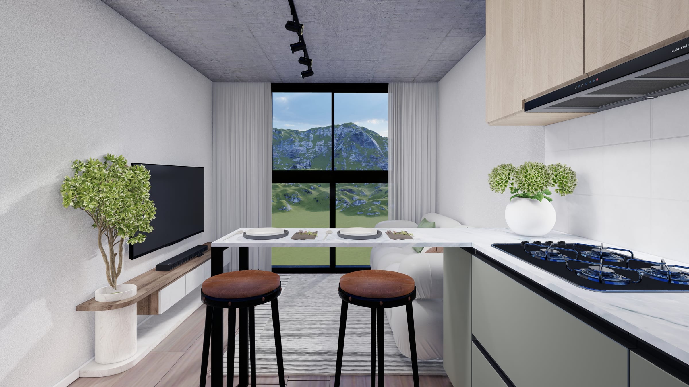 Diseño de interiorismo apartamento moderno industrial Masurén Bogotá — cocina verde oliva — APLOSS